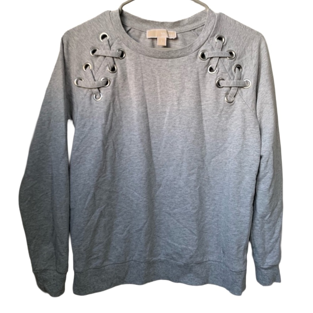 MICHAEL KORS Heather Gray Rounded Neck Lace Up Shoulders Long Sleeve Sweatshirt